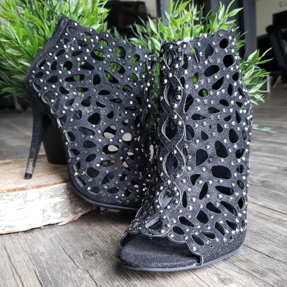 ZIGISOHO BLACK SPARKLY RHINESTONE HEEL BOOTIES - Picture 1 of 6